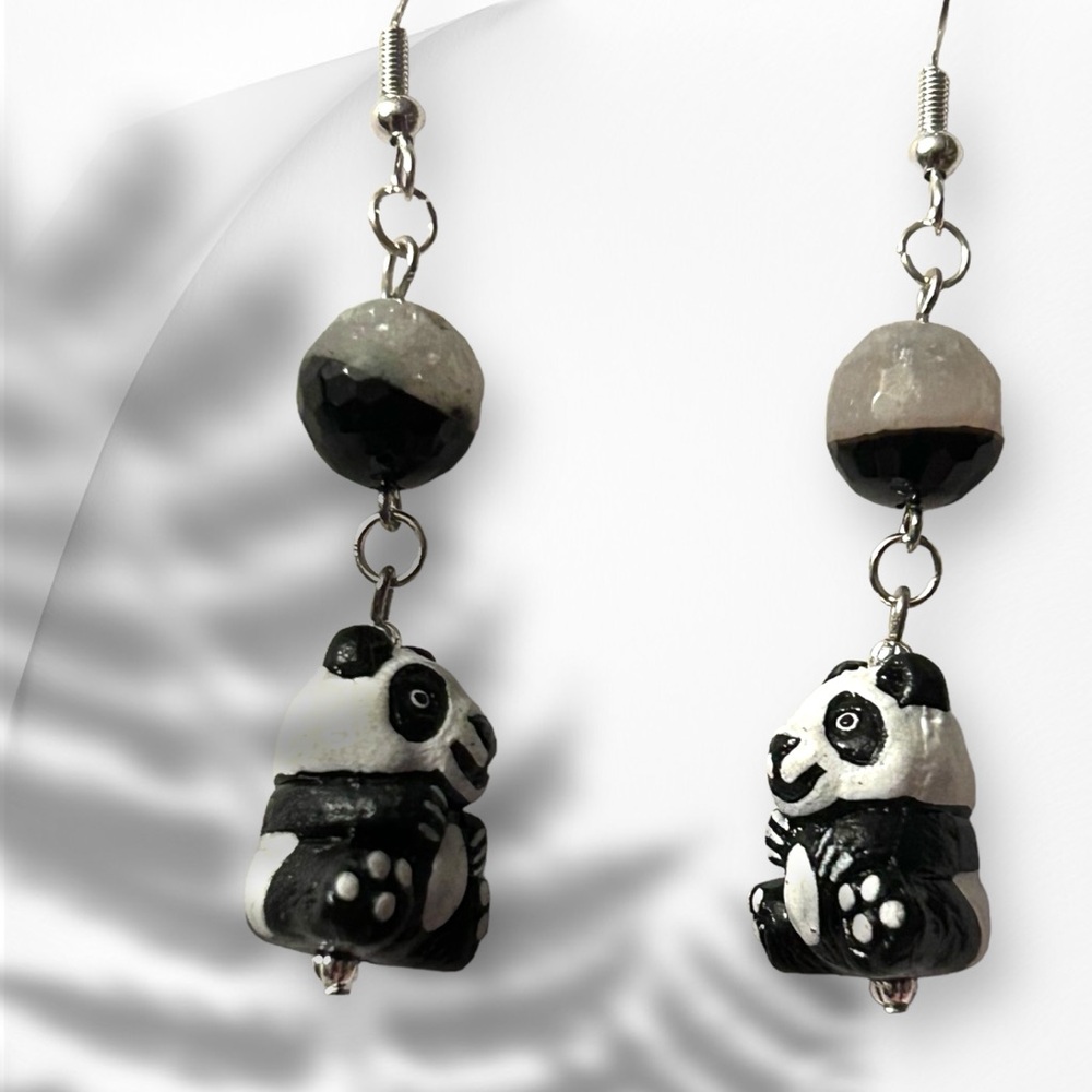 Handmade Earrings Panda Bear Onyx Quartz Dangle Pierced Whimsical Animals - Picture 6 of 7